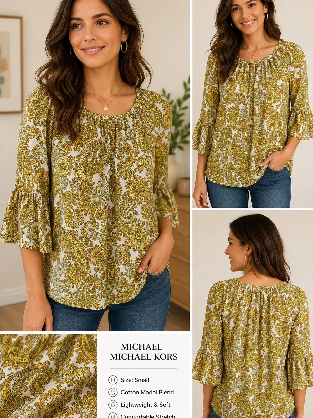 Michael Kors Paisley Bell Sleeve Top Women’s Size S Boho Cotton Modal Blouse